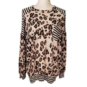 Lovely J Leopard And Stripe Contrast Print Top Long Sleeve Soft Knit Size L